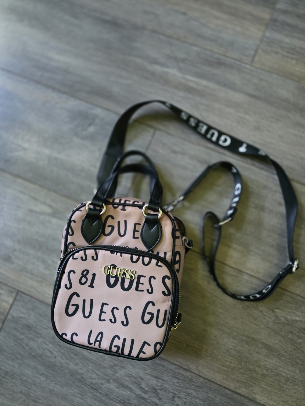 GUESS Beige Logo Print Crossbody Bag